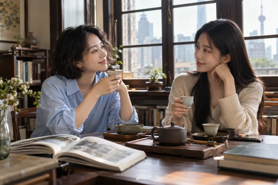 年轻女性在城市茶席前交流品茶