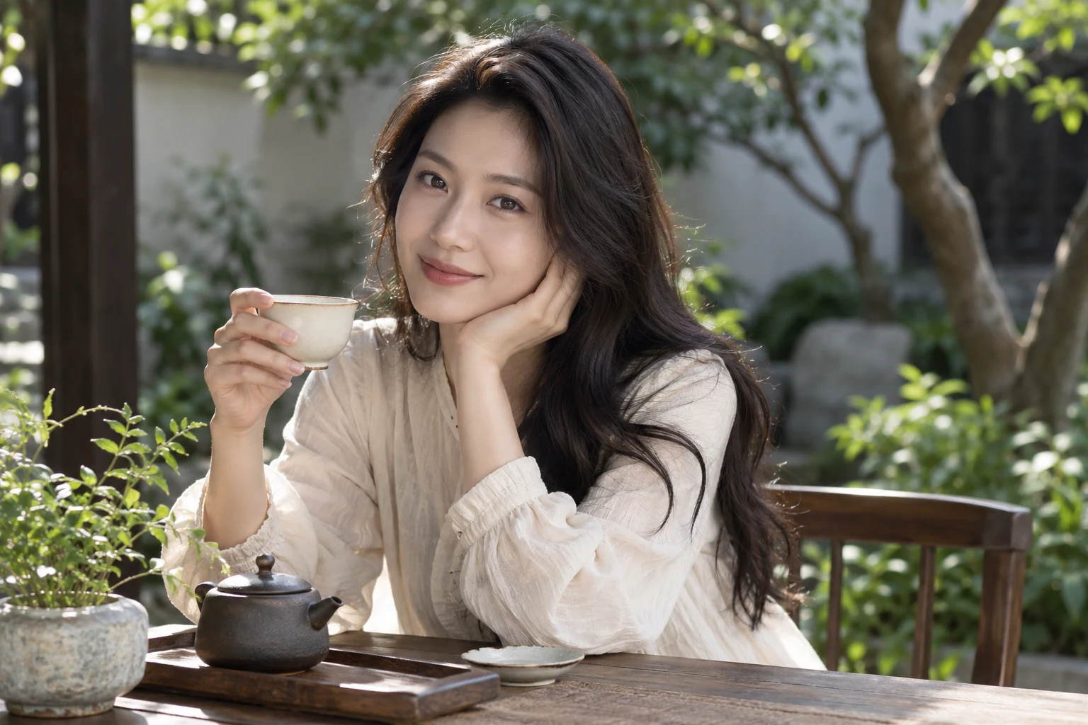 庭院中安静品茶的年轻女性
