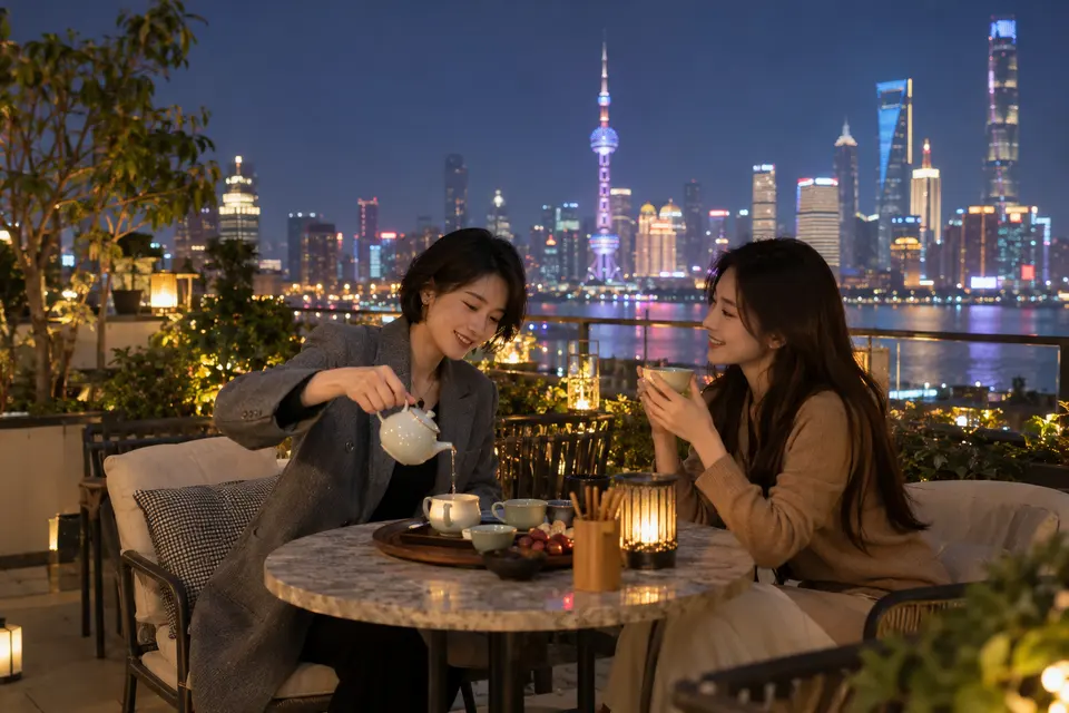 屋顶露台夜茶交流场景