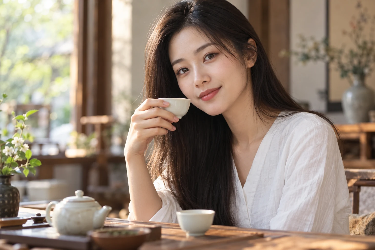 白瓷杯与年轻女性的品茶画面