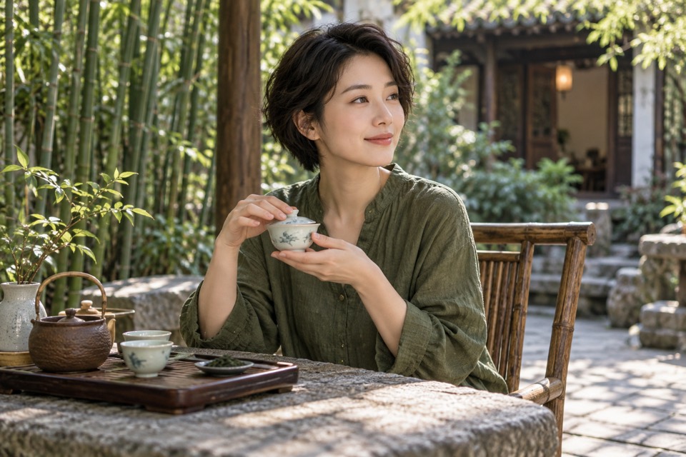 竹庭中的盖碗茶休闲场景