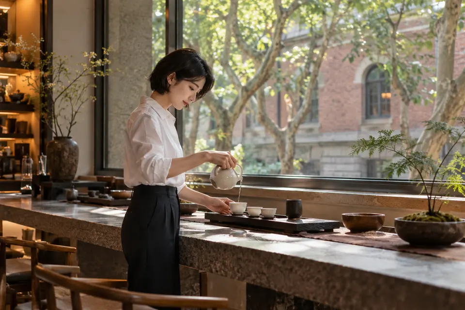 梧桐街区茶室中倒茶的年轻女性