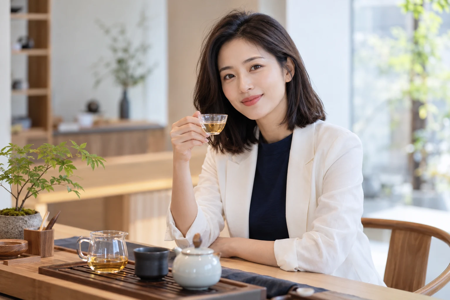 都市知性茶室中的品茶人物